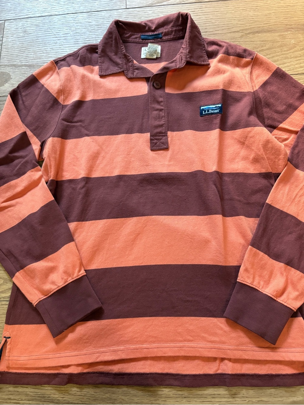 L.L. Bean Vintage Orange and Burgundy Striped Long Sleeve Rugby Polo Size M